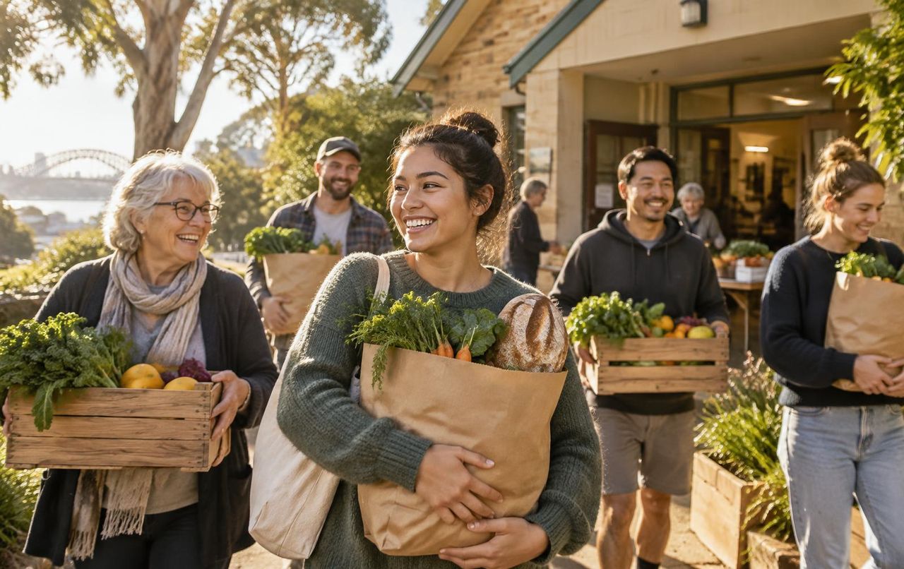 Neighbours collecting fresh groceries together at a local pickup morning